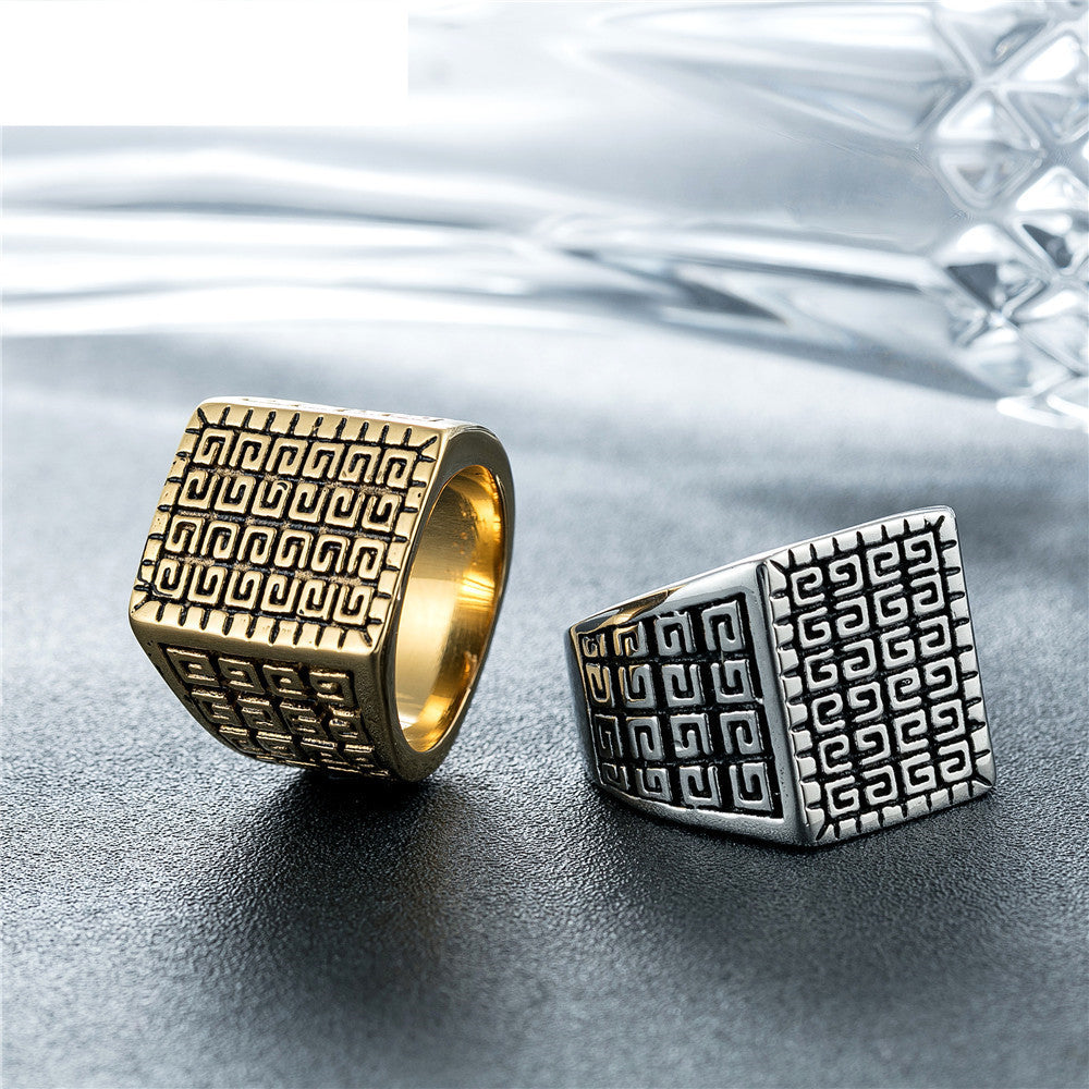 Men's Ring Square Simple Band Stainless Steel Ring European American Retro Ring Steel Color Gold Ring for Men and for Women Minimalist Ring