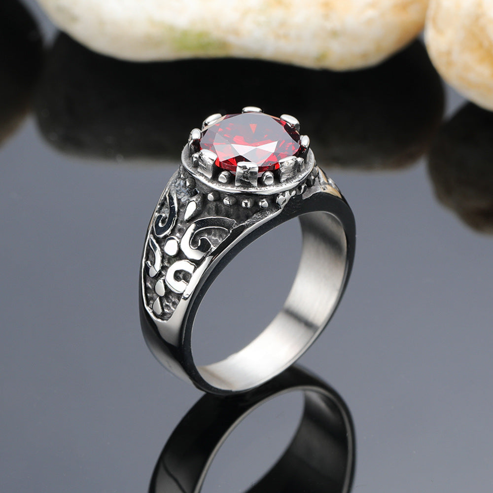 Mens Stainless Steel Ring With Gemstone Diamond Accent Geometric Design Titanium Band Jewelry Gift Anniversary