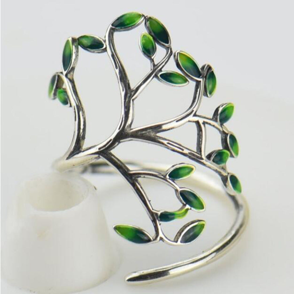 Copper Adjustable Ring With Green Leaf Twig Design Inlaid Zircon Gem Ethnic Style Travel Gift For Everyday Wear