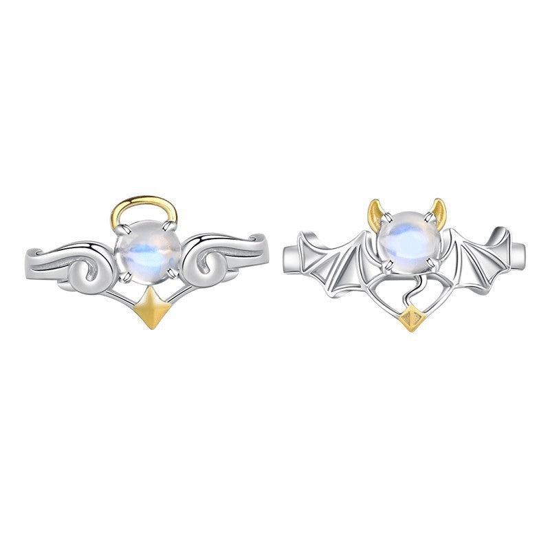 Couple Rings Set Silver Plated Copper Adjustable Opening With Moonstone Inlay And Angel Demon Matching Bands Travel