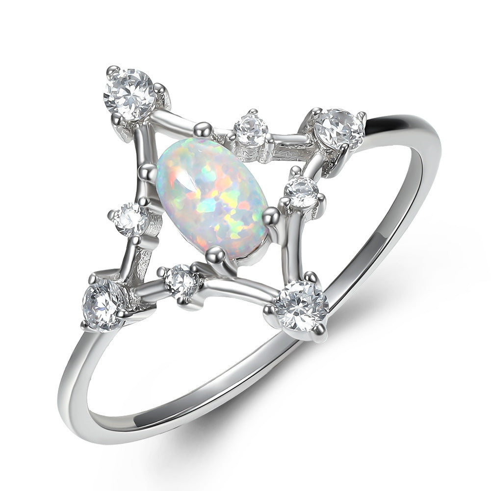 Sterling Silver Ring With Diamond Hollow Design Opal Inlay