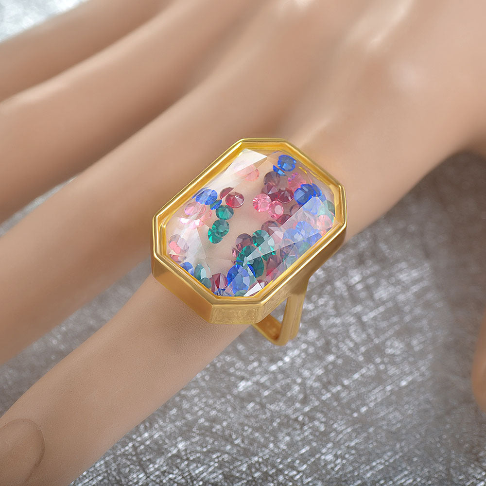 Womens Exaggerated Square Ring Geometric Crystal Inlaid Gold Plated Metal Artificial Gemstone Fashion Jewelry Gift