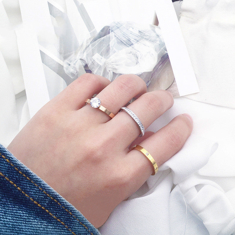 Womens Titanium Steel Three Piece Ring Set Six Claw Simulated Diamond Rose Gold Tone Durable Fashion Jewelry Gift