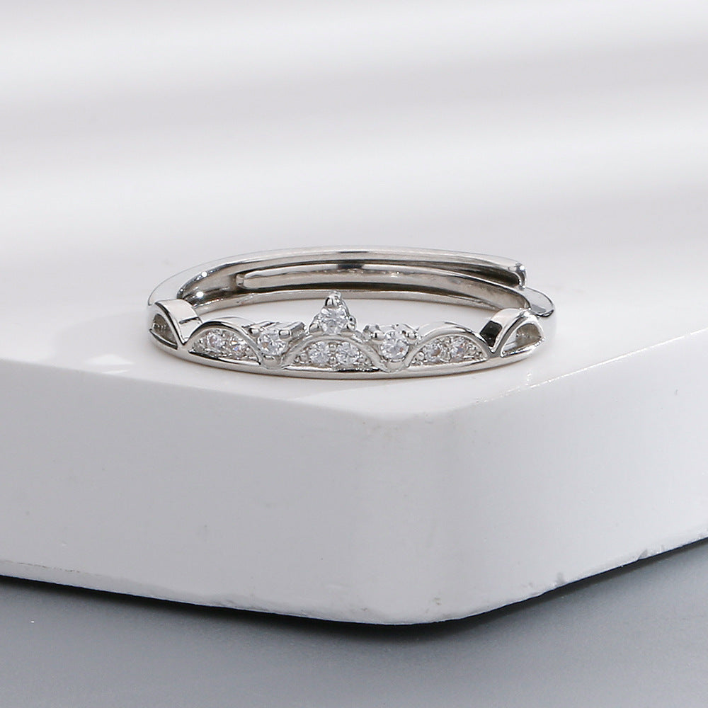 Crown Copper Ring With Inlaid Zircon Flower Shadow Adjustable Womens Fashion Ring Retro White Gold Tone Shines