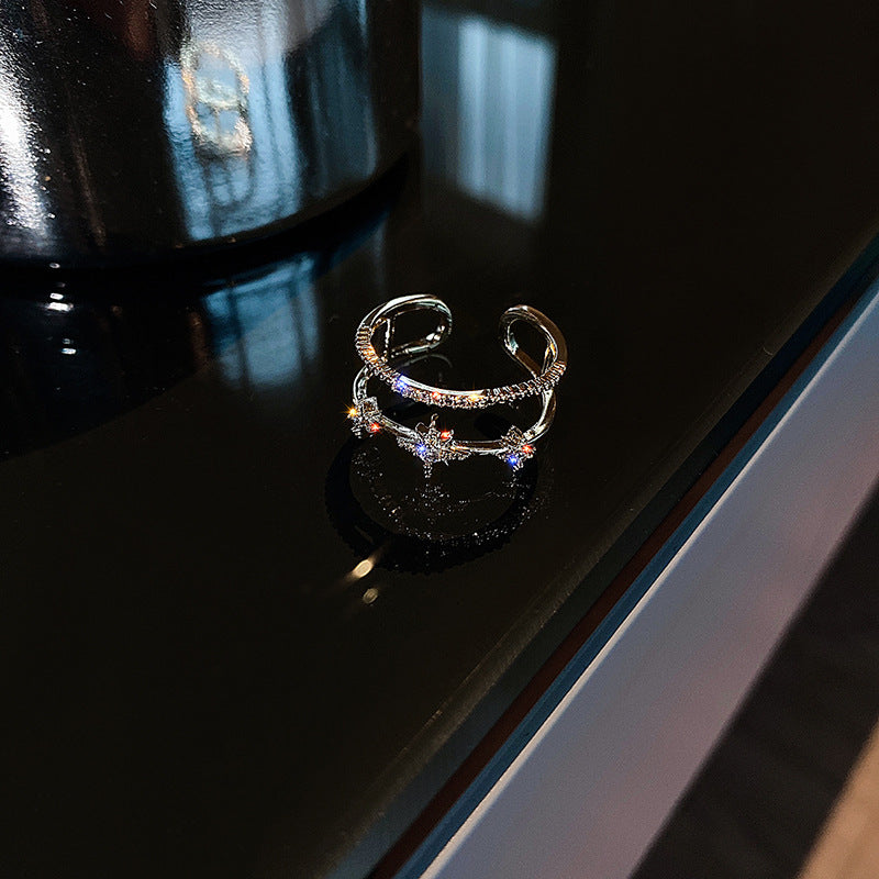 Adjustable Double Link Star Zircon Copper Ring In White Gold Meteor Design For Fashionable Women For Modern Style