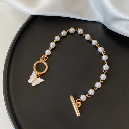 Gold Pearl Butterfly Bangle With Love Charms Bracelet