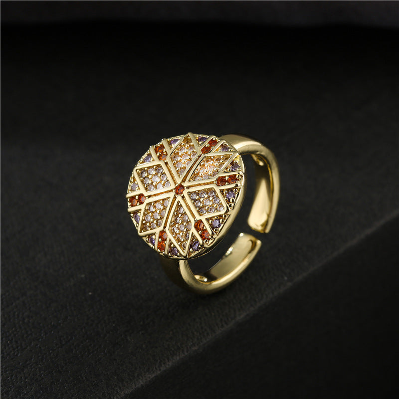 Retro Astrolabe Shaped Womens Micro Inlaid Zircon Ring Copper Electroplated Jewelry Accessory Silver Tone Ring