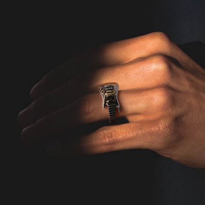 Unisex Copper Ring With Two Tone Plating Geometric Shape And Musical Notes Rock Guitar Style With Tailored Fit