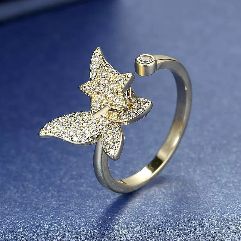 Adjustable Copper Ring With Snowflake Diamond Inlaid Design For Versatile Fashion Jewelry Gift For Everyday Wear