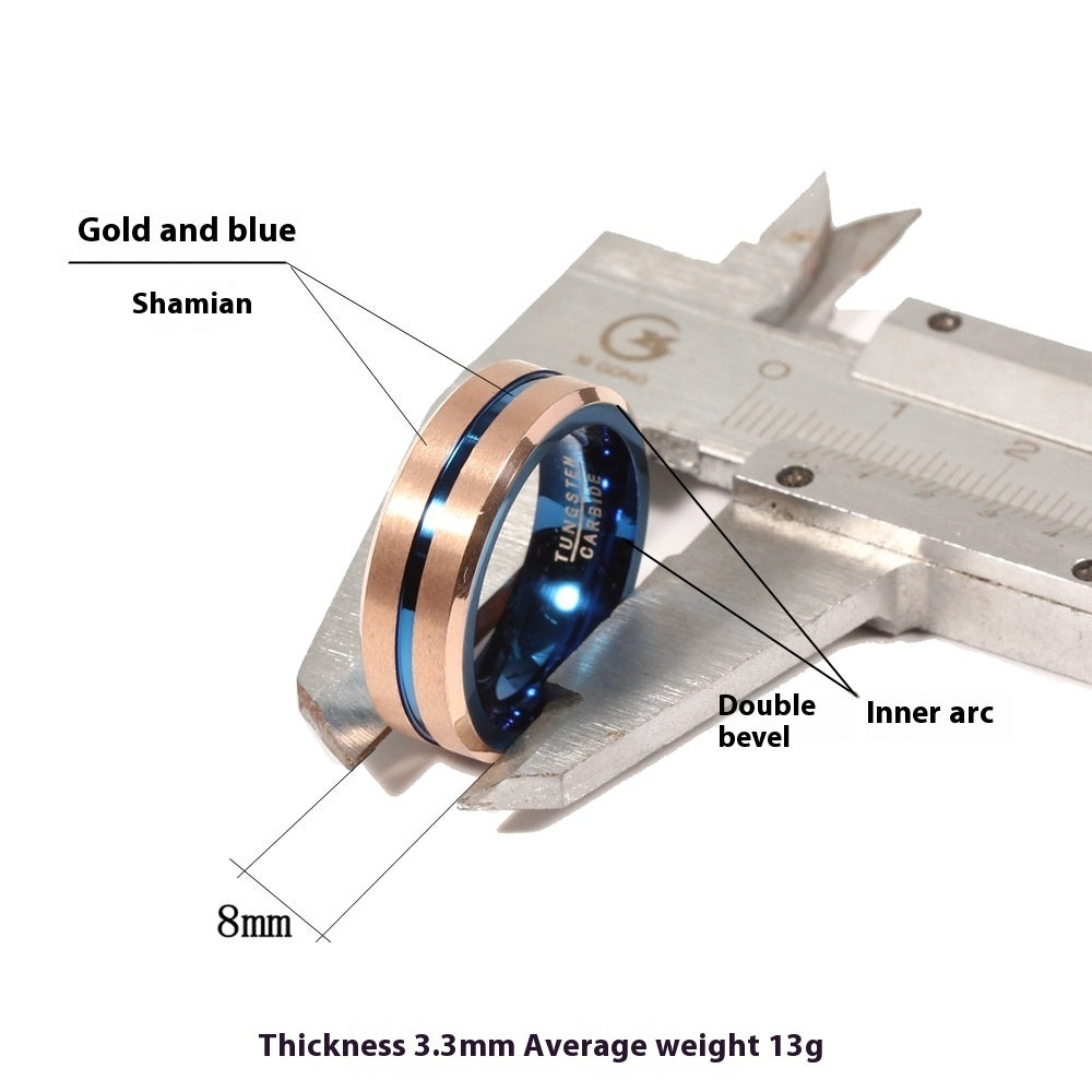 Rose Gold Blue Two Tone Tungsten Ring For Men Durable Geometric Band Modern Style Sizes 8 9 10 11 12 Comfort Fit