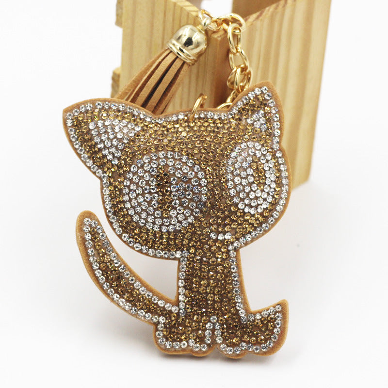 Cute Cat Keychain Bag Charm With Diamond Detailing Two Tone Flannel Material Rose Red Cat Pendant For Handbags