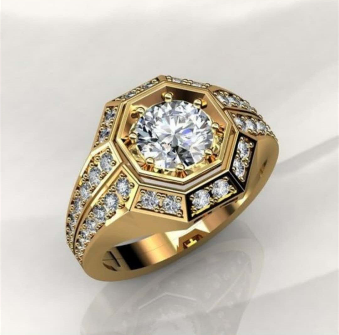 Gold Octagonal Inlaid Zircon Ring Alloy Geometric Band