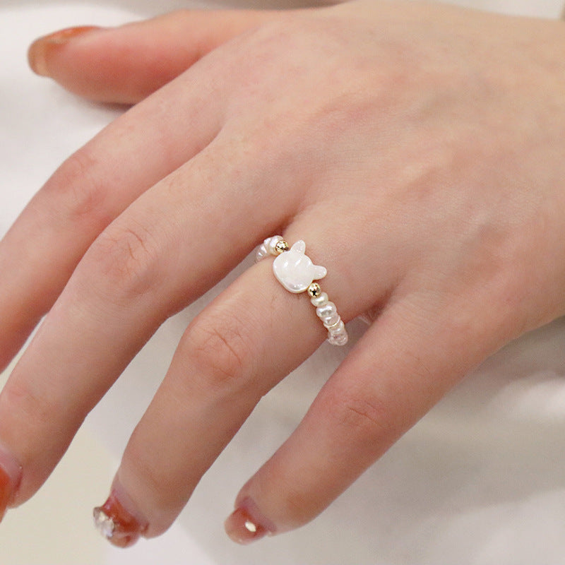 Two Dimensional Cute Twin Elastic Cat Ring Handmade Pearl