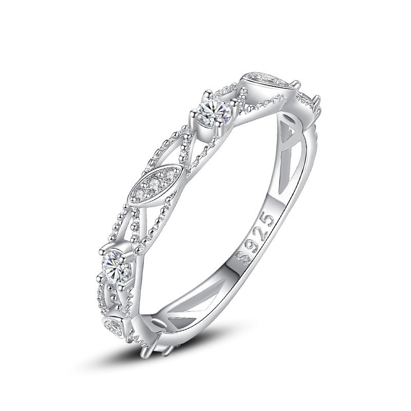 Womens Sterling Silver Leaf Diamond Ring Exquisite Design
