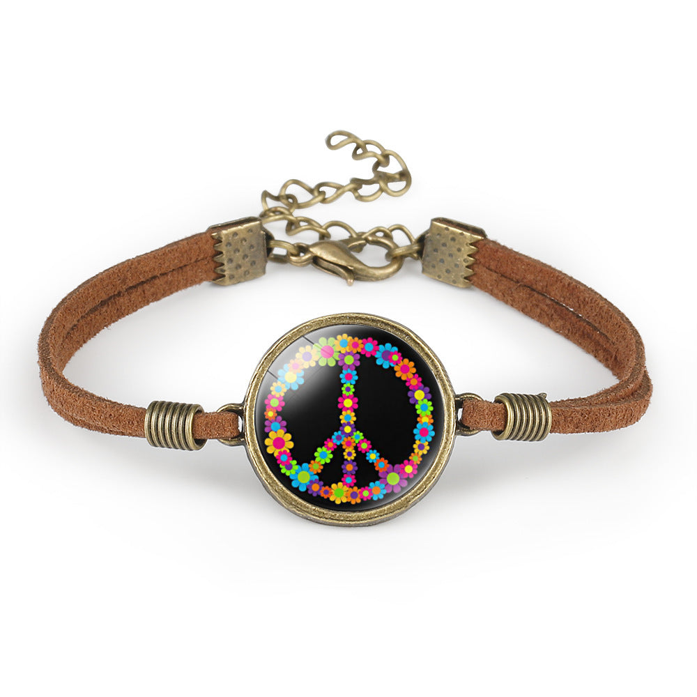 Unisex Leather Bracelet Peace Sign Retro Geometry Pattern With Crystal Inlay And Distressed Finish Packed Gift