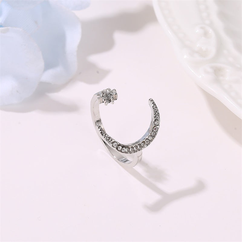 Womens Rhinestone Moon And Star Ring Opening Design Adjustable Alloy Jewelry Electroplated Fashion Ring Dazzle