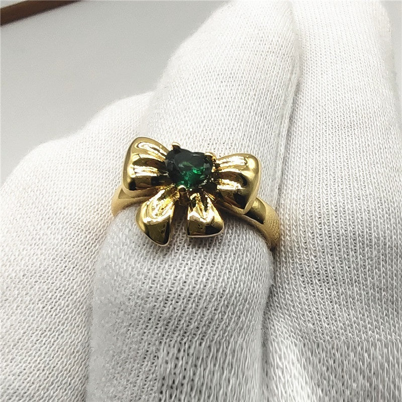 Womens Adjustable Ring Emerald Heart Zircon Bow Copper