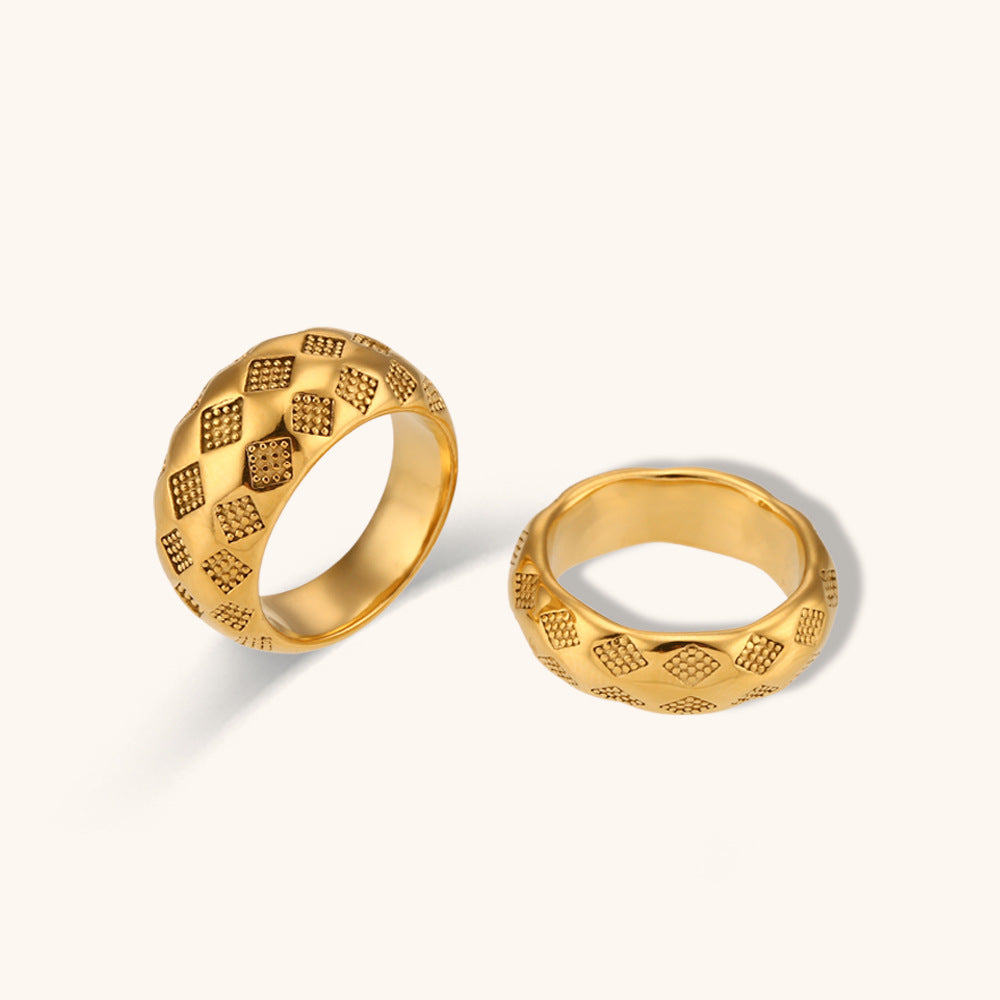 Womens Stainless Steel Ring Electroplated Golden Lattice Design Thin or Thick Band Geometric European American Jewelry Gift for Her Sizes 6 7 and 8