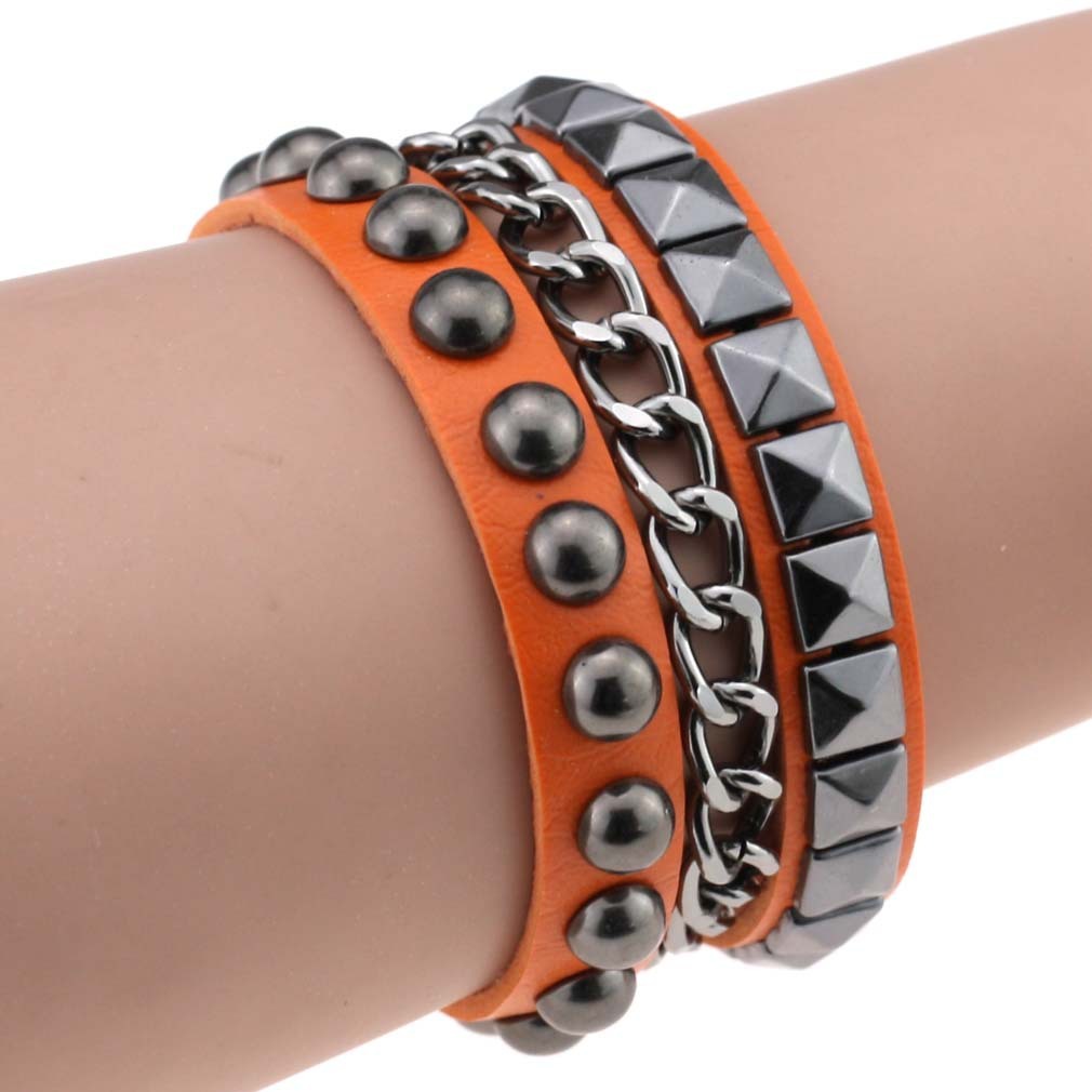 Layered Rivet Leather Bracelet PU Metal Bangle 22cm