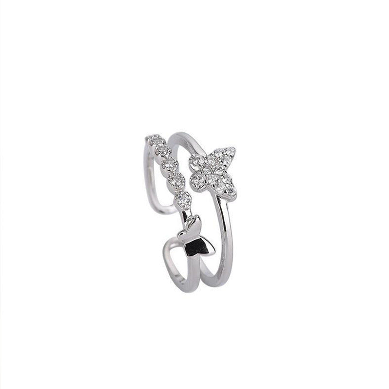 Double Layer Bowknot Copper Ring Adjustable Opening Handcrafted Gem Inlay Diamond Accents Womens Fashion Jewelry