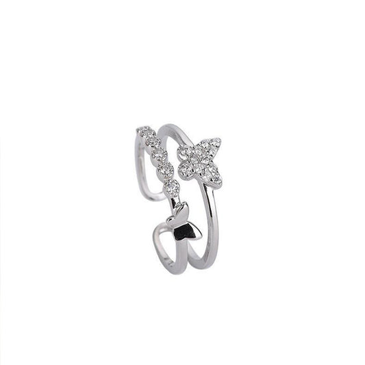 Double Layer Bowknot Copper Ring Adjustable Opening Handcrafted Gem Inlay Diamond Accents Womens Fashion Jewelry