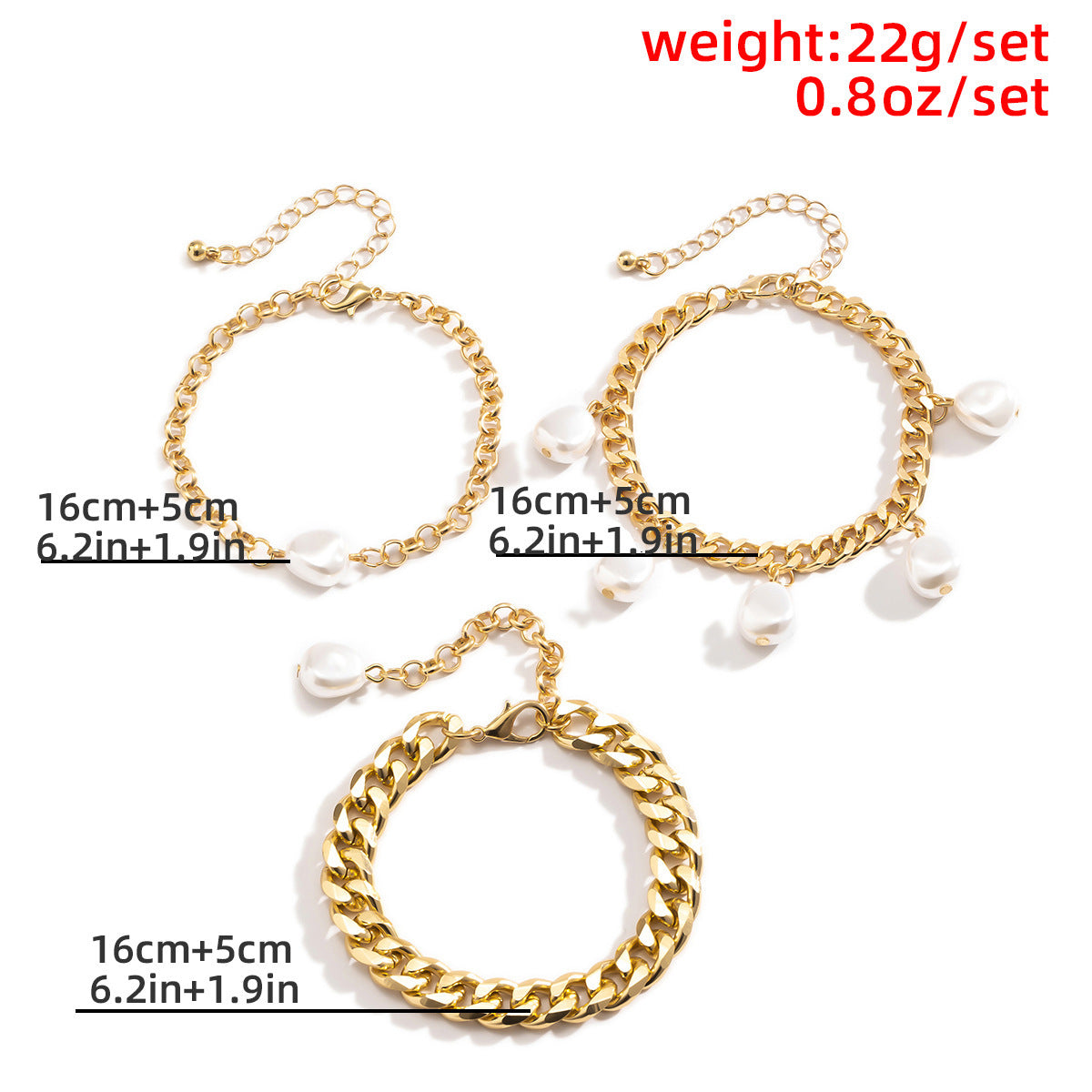 Geometric Aluminum Chain Bracelet Set For Women Three Piece Jewelry Gift Gold Tone Everyday Wear Pearl Accents
