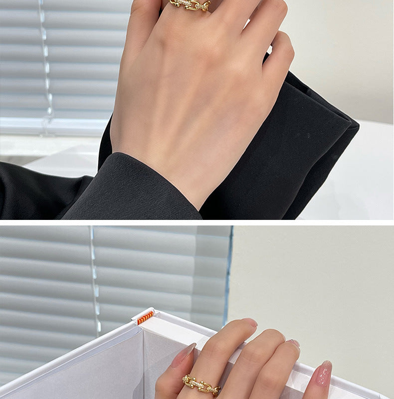 Womens Adjustable Copper Ring Geometric Hollow Chain Design Gold Plated Gem Inlay Korean Fashion Style Jewelry