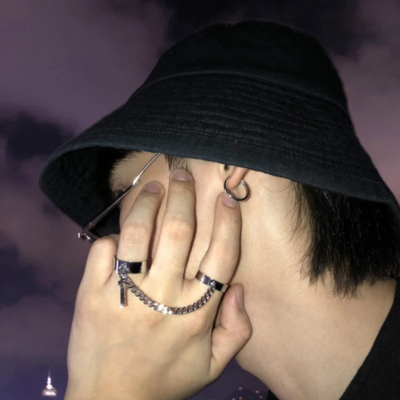 Womens Punk Ring Set Tassel Chain Alloy Adjustable Opening European American Circular Rings Smooth Gold Silver