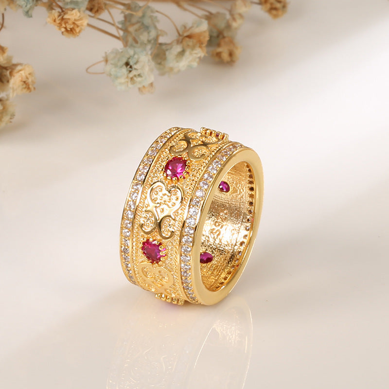Womens Copper Ring With Gold Plated Inlay Artificial Diamond And Ruby Geometric Travel Souvenir Gift European Ring