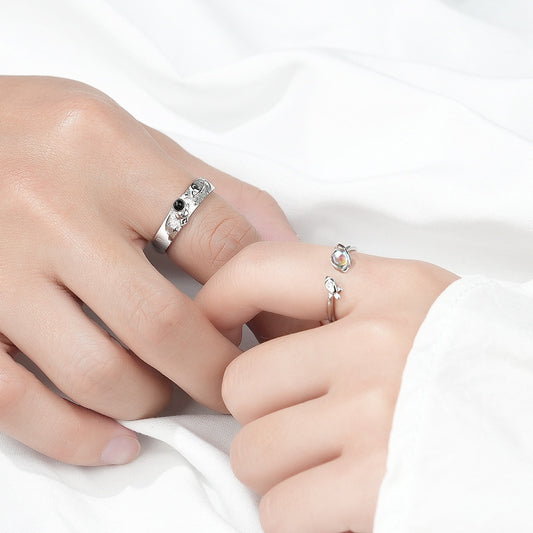 Matching Couple Rings Crystal Inlay Planet Design Silver Rings Moonstone And Black Agate Wedding Crystal Style