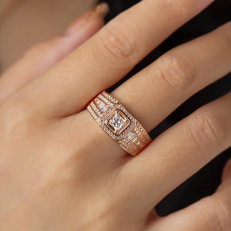 Mens 18K Gold Plated Zircon Ring Adjustable Open Square Princess Stone Jewelry Fashion Statement for Men Daily