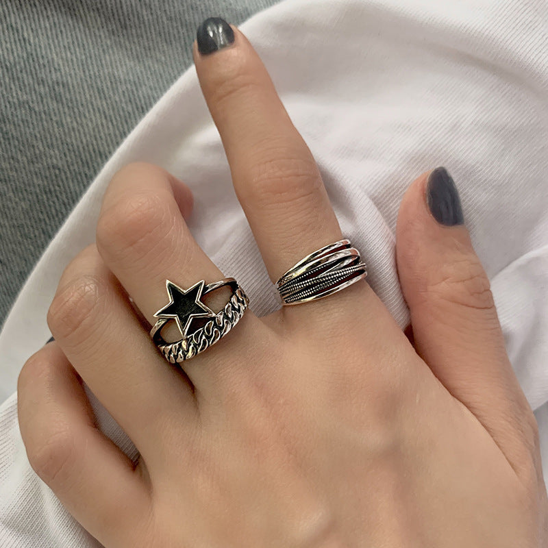 Vintage Silver Plated Five Pointed Star Ring Adjustable Opening Retro Old Processing Technique Star Chain Ring