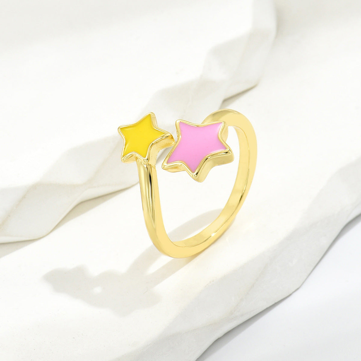 Womens Open Ring Copper Heart Shaped Design With Geometric Round Elements And Colorful Leaves Pink Yellow Shine