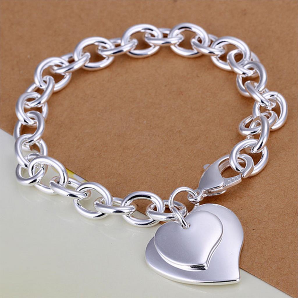 Womens Heart Bracelet Silver Plated Diamond Accent Hollow Heart Design Anniversary Gift Bracelet Elegant Jewelry