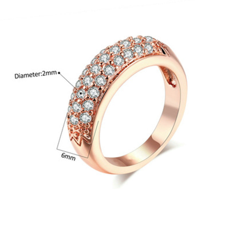 Geometric Three Row Cubic Zirconia Ring With Half Side Design Copper Electroplated For Women Stylish Jewelry Accessory