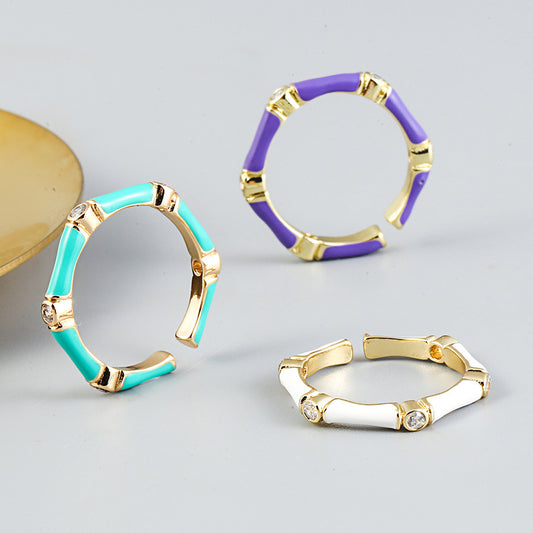 Womens Ring Zircon Set Drip Oil Copper Bamboo Design Adjustable Fashion Accessory Durable Statement Piece Size