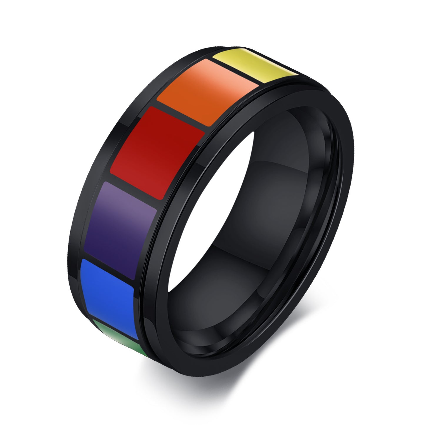 Mens Rainbow Drop Rotatable Ring Titanium Steel Black Finish Modern Accessory Statement Piece For Everyday Now
