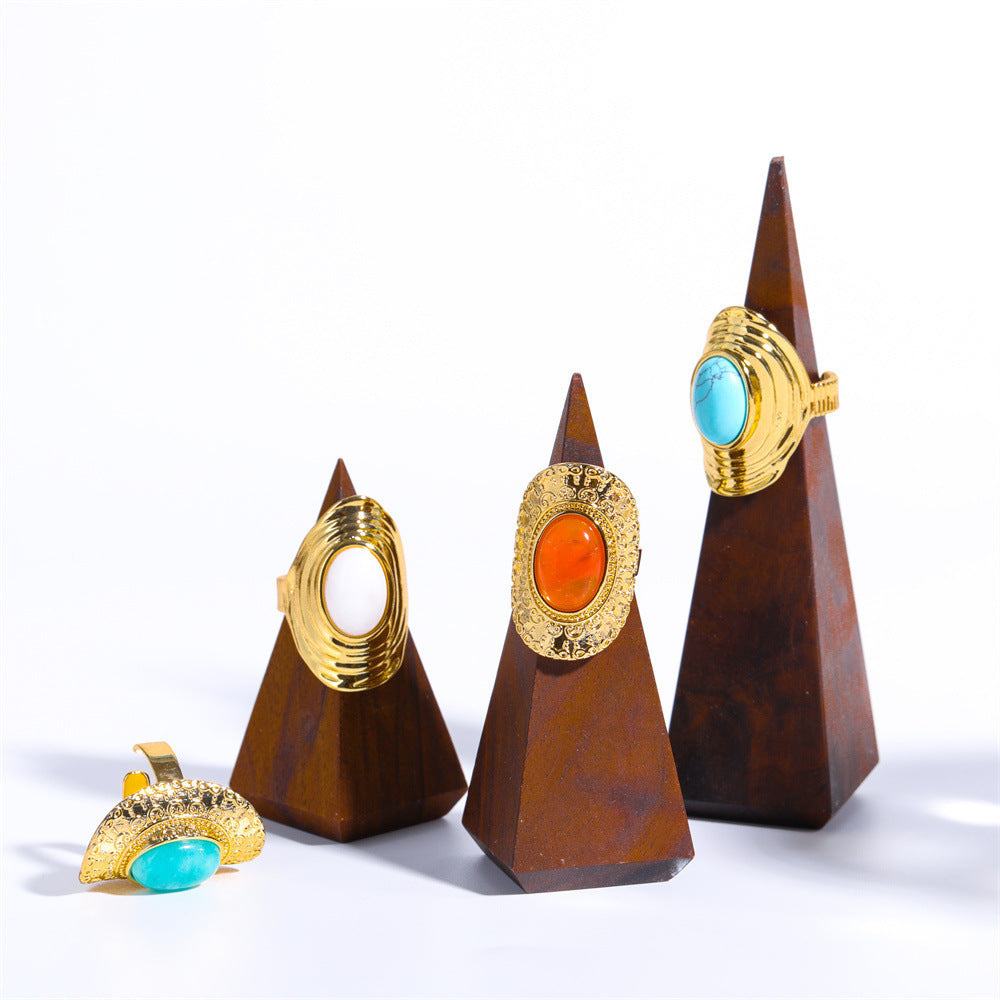 Vintage Bohemian Style Adjustable Natural Stone Ring Copper Fashion Jewelry White Blue Red Tianhe Stone Trendy