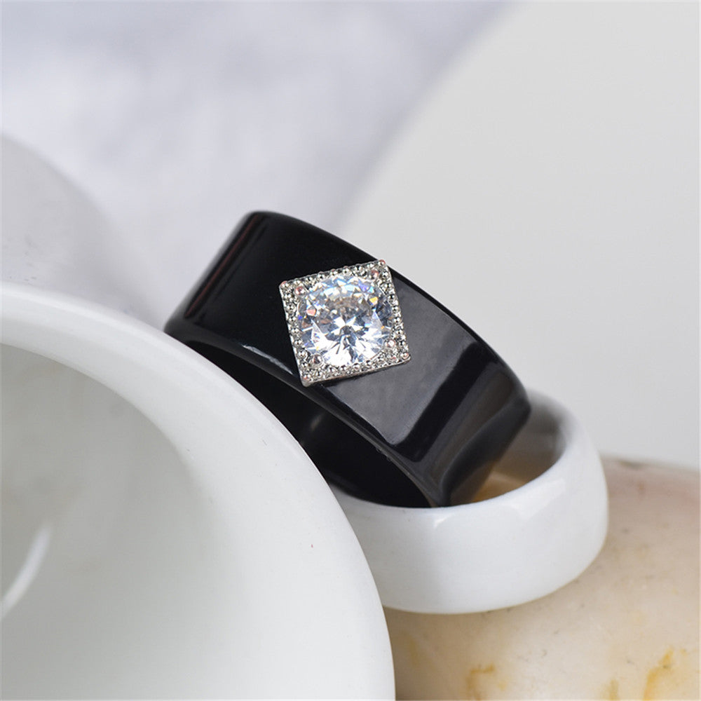 Couple Rings Geometric Alloy Ring Set With Inlaid Zircon Stones Chamfered Square Pattern Elegant Matching Bands Black
