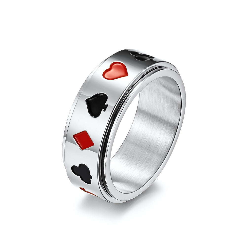 Unisex Titanium Steel Ring Featuring Spades Hearts Peach Clubs Diamond Playing Card Pattern 8mm Wide Band Gold