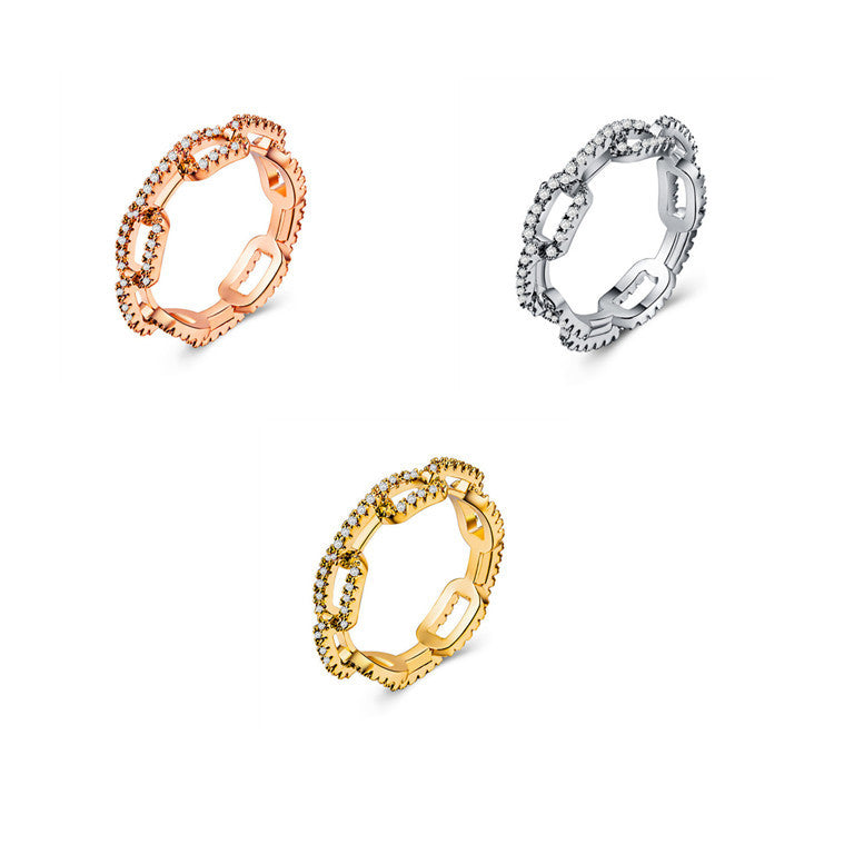 Zircon Inlaid Lock Chain Ring Gold Plated Copper Geometric