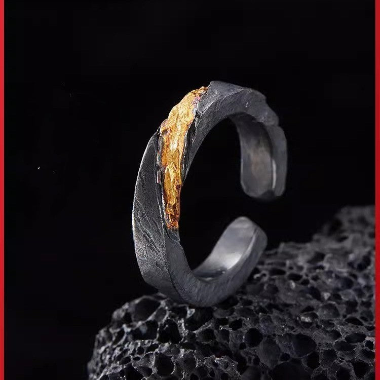 Trendy Sterling Silver Retro Open Mouth Ring Inlaid 24KGold Geometric Fold Chain Unisex Adjustable Chic Style