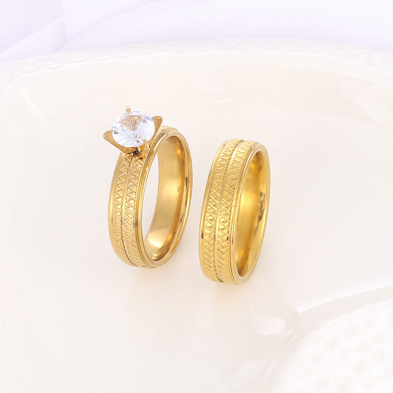 His And His Matching Rings Stainless Steel Couple Rings Diamond Argyle Pattern Gold Electroplated Matching Set