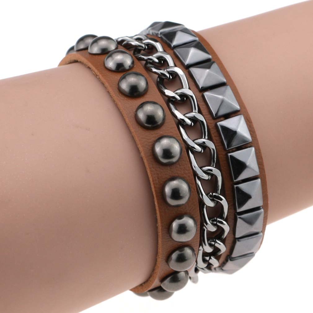 Layered Rivet Leather Bracelet PU Metal Bangle 22cm