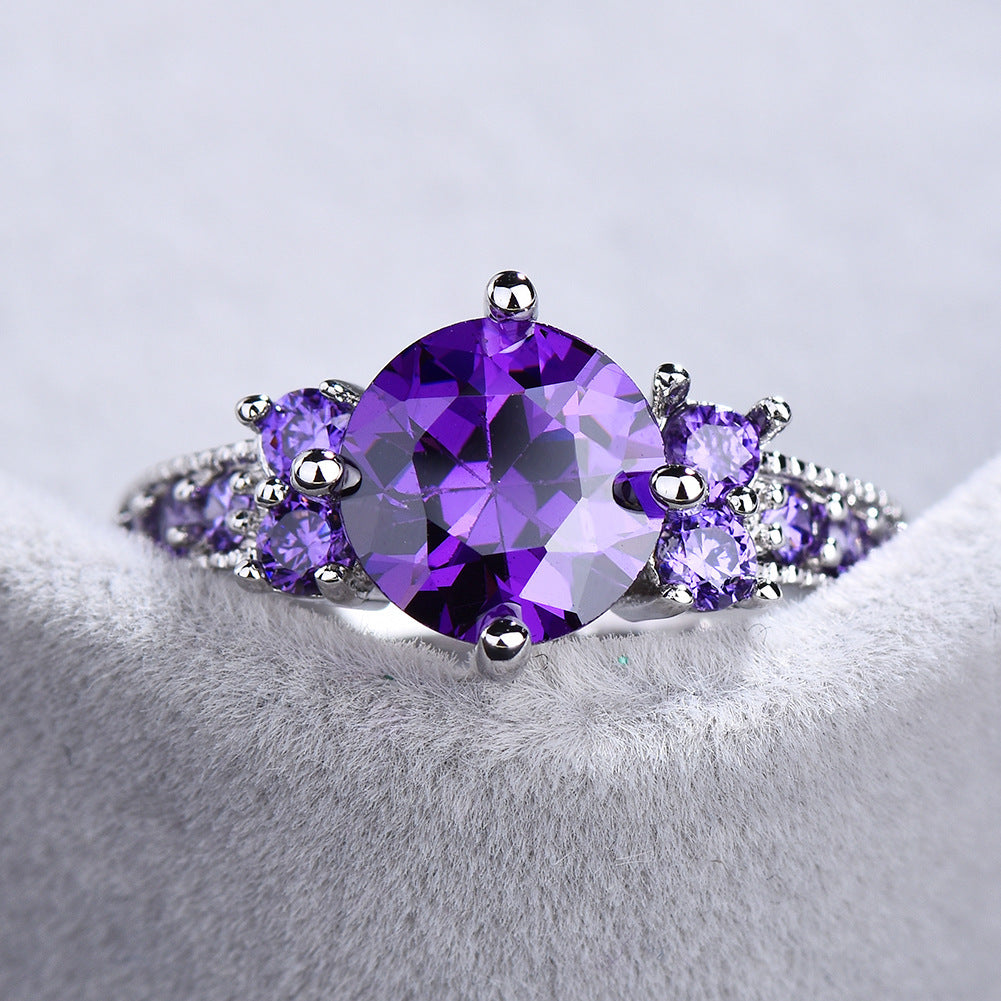 Purple Zircon Diamond Inlay Copper Band Ring Korean Style White Gold Gem Jewelry Fashion Accessory Women Gleam