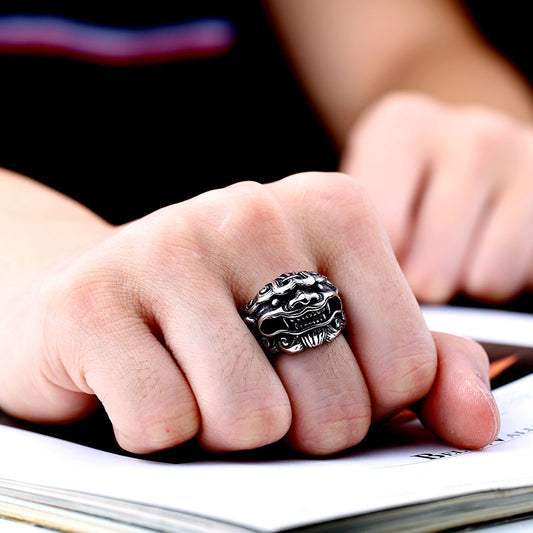 Men Stainless Steel Beast Kirin Ring Quality Ethnic Design Mythical Creature Fashion Statement Jewelry For Men