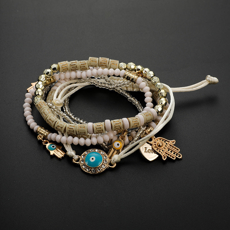 Geometric Electroplated Alloy Bracelet Set Eyes Palms Beads