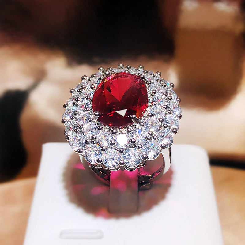 High-end Group Inlaid Zircon Simulation Red Tourmaline Ring