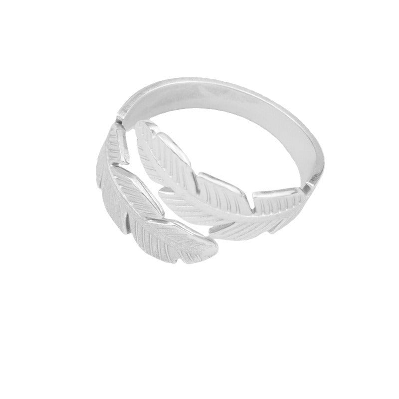 Unisex Stainless Steel Feather Ring Adjustable Open Geometric Wing Wheat Design Jewelry Electroplated Finish Style