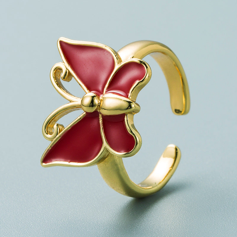 Unisex Gold Plated Copper Oil Drip Butterfly Ring Adjustable Opening Fashion Jewelry Men Women Teens Durable